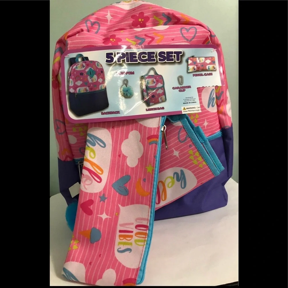 Backpack Hello Good Vibes 5pcs set pink purple